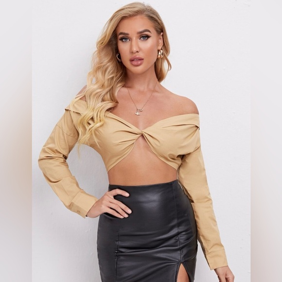 Beige Bardot Twist Front Crop Blouse - Picture 5 of 5